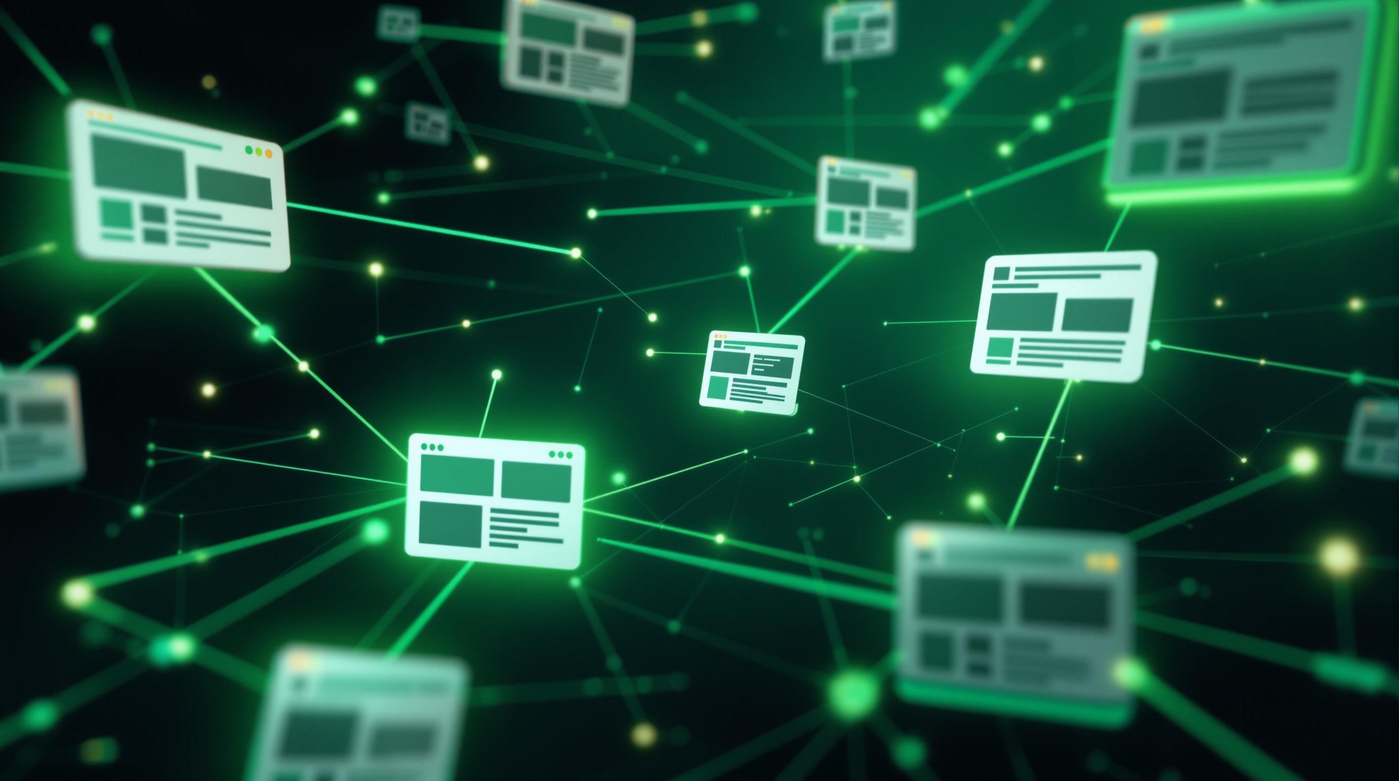 Illustration of interconnected web pages with links flowing between them, larger nodes glowing to suggest higher authority