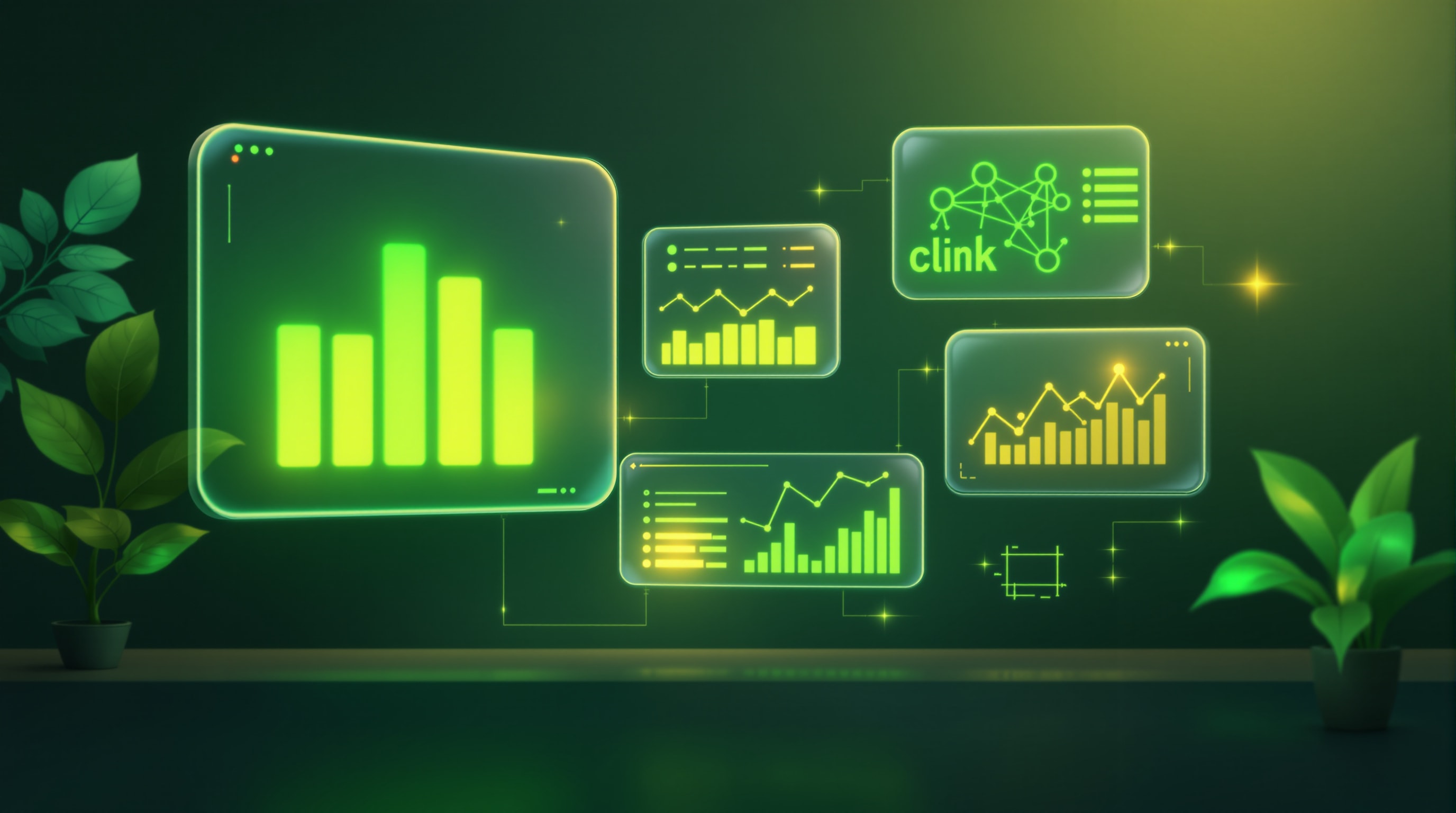 A workspace of floating panels showing meters, a link network, and a trend graph, representing a website authority audit