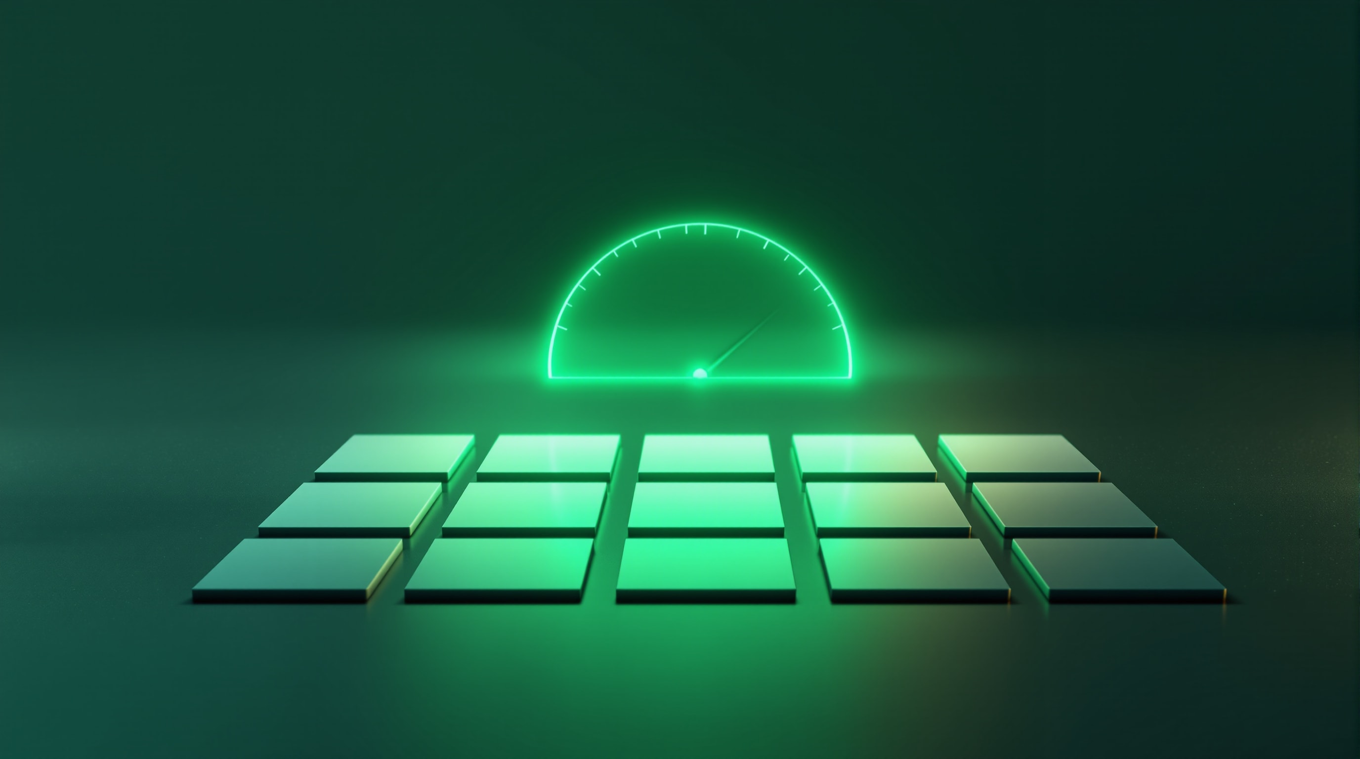 A glowing green gauge badge floating above an abstract website footer, representing an embeddable PageRank display