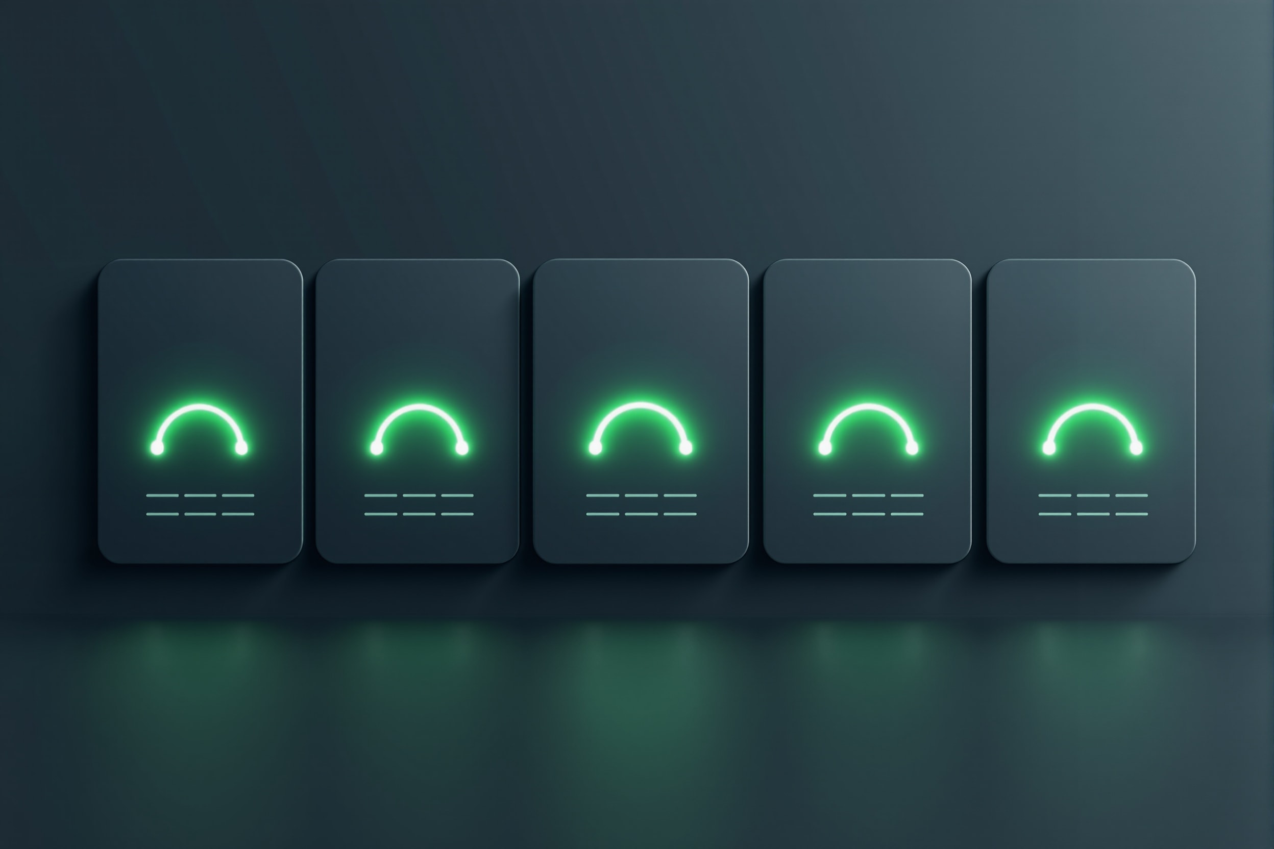 Several website cards lined up for comparison, each with a small green meter at a different level