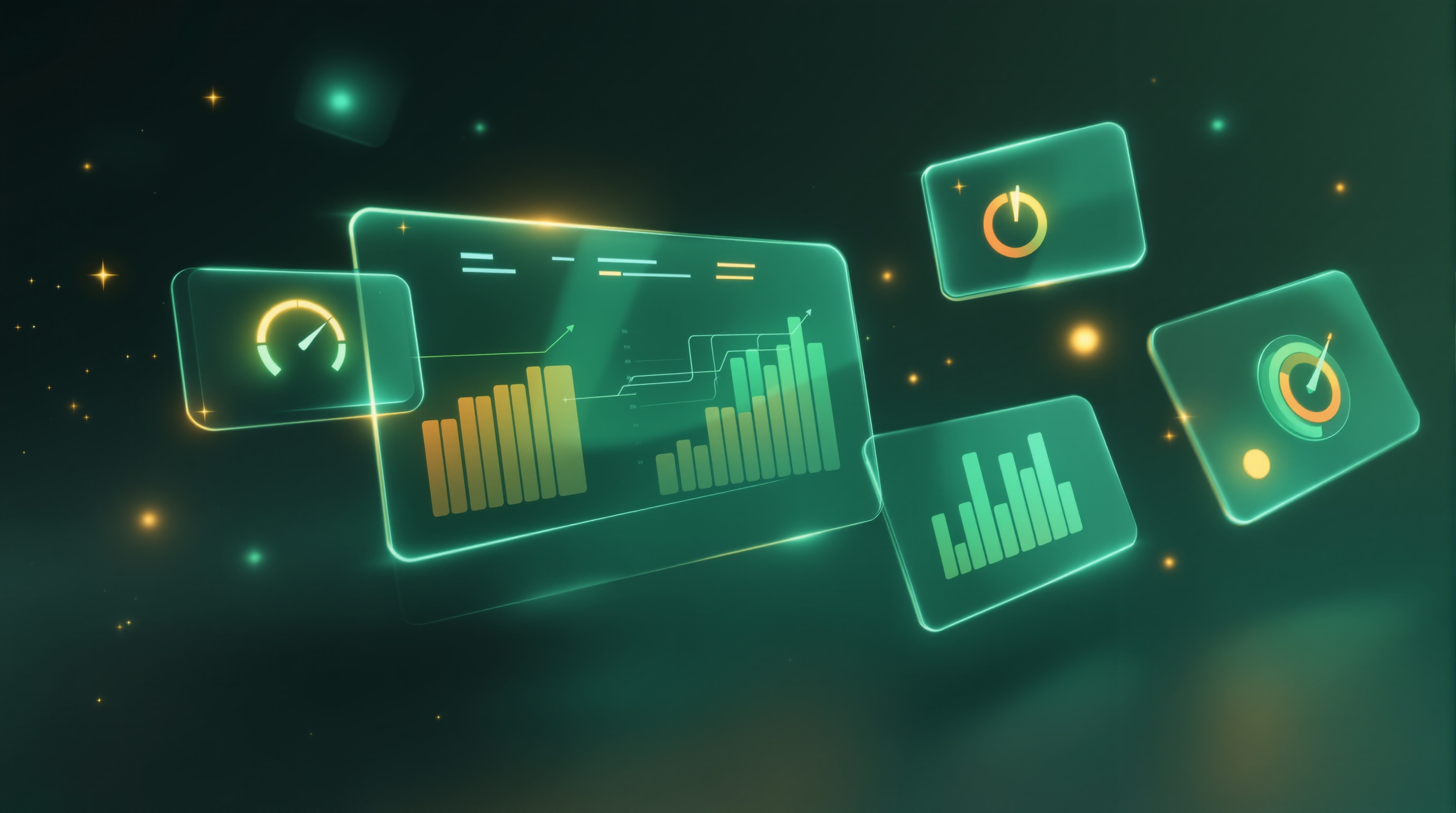 An abstract modern analytics dashboard with several glowing gauges and charts, representing multiple authority metrics